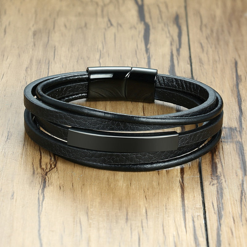 Vnox Customized Morse Code I LOVE YOU Men's Layered Leather Bracelets Casual Gents Wristband Personalize Husband Gift