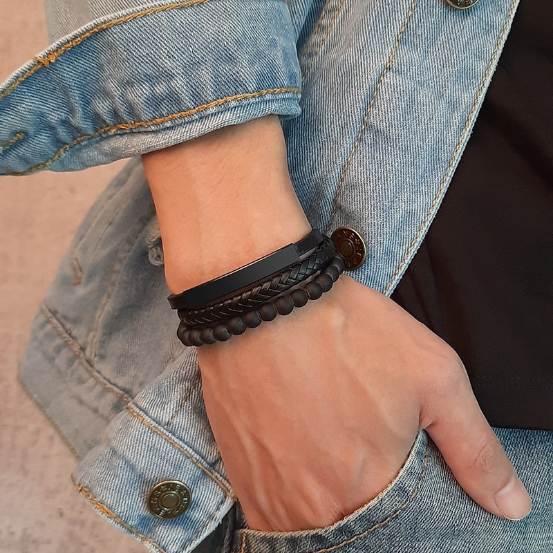 Vnox Customized Morse Code I LOVE YOU Men's Layered Leather Bracelets Casual Gents Wristband Personalize Husband Gift