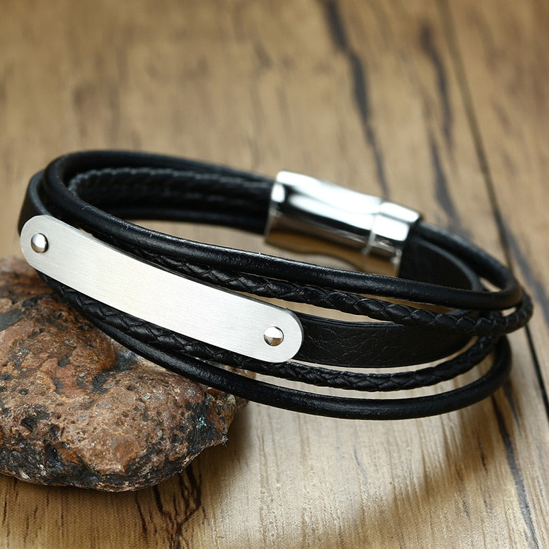 Vnox Customized Morse Code I LOVE YOU Men's Layered Leather Bracelets Casual Gents Wristband Personalize Husband Gift