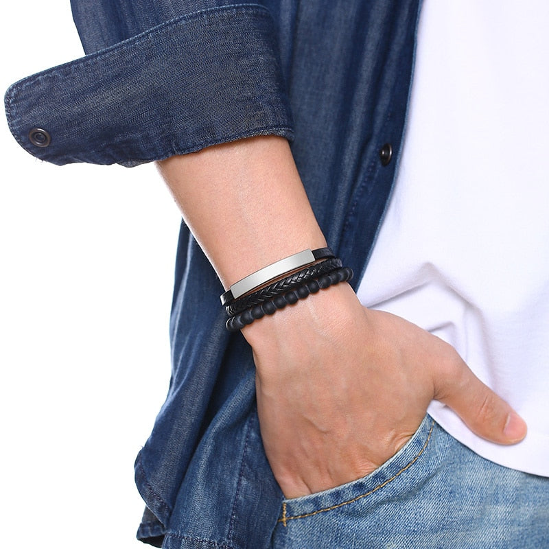 Vnox Customized Morse Code I LOVE YOU Men's Layered Leather Bracelets Casual Gents Wristband Personalize Husband Gift
