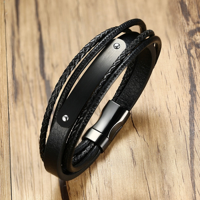 Vnox Customized Morse Code I LOVE YOU Men's Layered Leather Bracelets Casual Gents Wristband Personalize Husband Gift