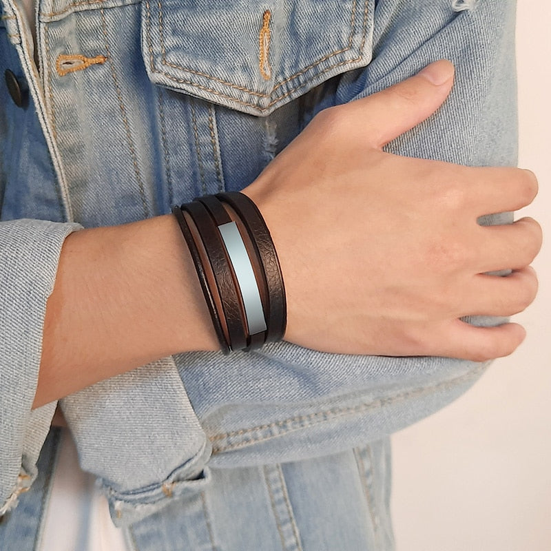 Vnox Customized Morse Code I LOVE YOU Men's Layered Leather Bracelets Casual Gents Wristband Personalize Husband Gift