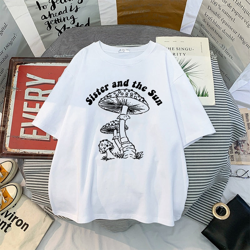 Harajuku Sun Moon Mushroom Print T Shirt Streetwear Tops Casual O-Neck Short Sleeve Female Oversized T Shirt