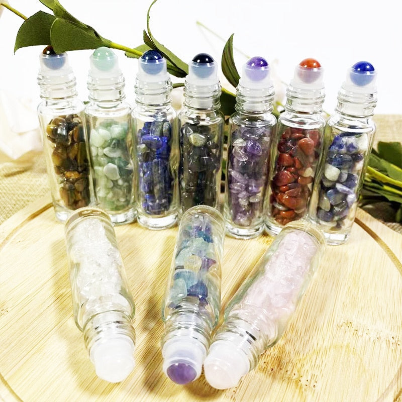 1Pcs 10ml Refillable Glass Gemstone Roller Ball Bottles with Bamboo Lids Healing Crystal Chips Inside Doterra Essential Oil Vial