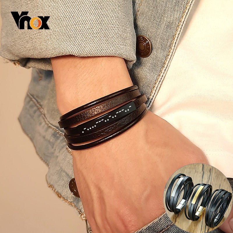 Vnox Customized Morse Code I LOVE YOU Men's Layered Leather Bracelets Casual Gents Wristband Personalize Husband Gift