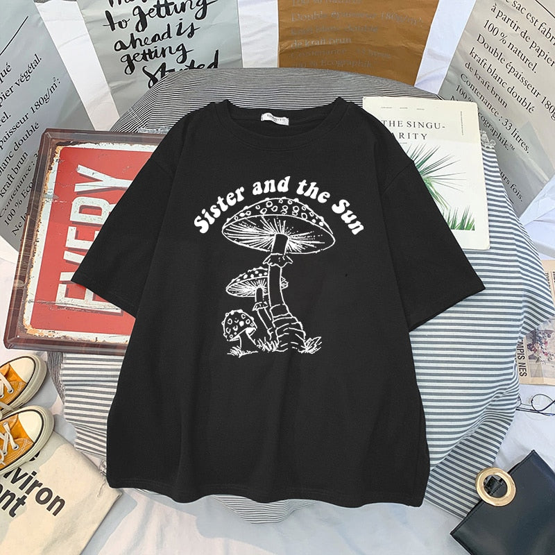 Harajuku Sun Moon Mushroom Print T Shirt Streetwear Tops Casual O-Neck Short Sleeve Female Oversized T Shirt