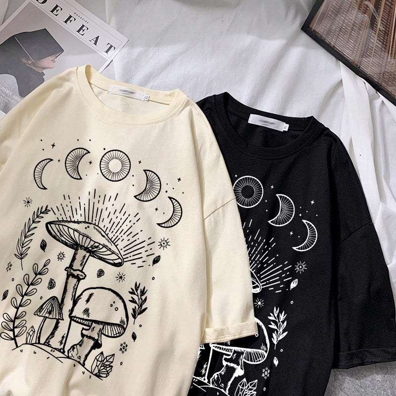 Harajuku Sun Moon Mushroom Print T Shirt Streetwear Tops Casual O-Neck Short Sleeve Female Oversized T Shirt