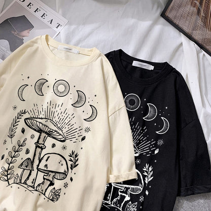 Harajuku Sun Moon Mushroom Print T Shirt Streetwear Tops Casual O-Neck Short Sleeve Female Oversized T Shirt