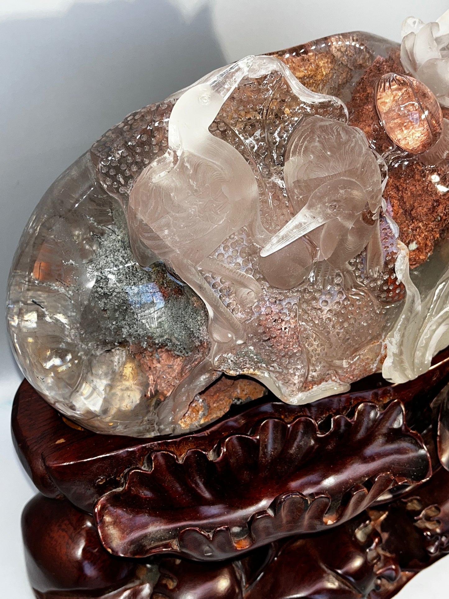 Garden Quartz/Red/Green/Rutile Carving. Amazing Clarity! Lighted Stand Included. Lodolite