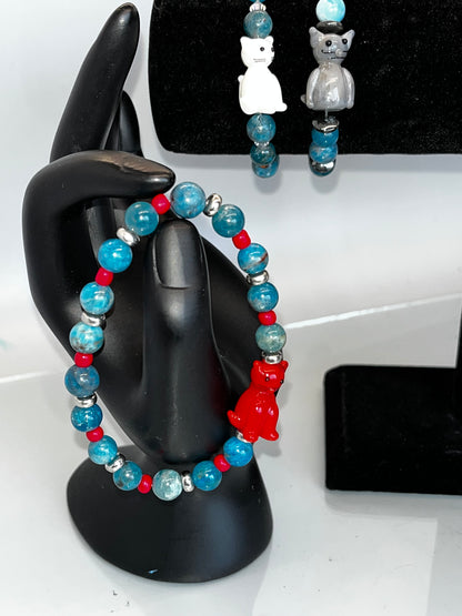 Blue Apatite Crystal Bracelet with Cat Charm, 8mm