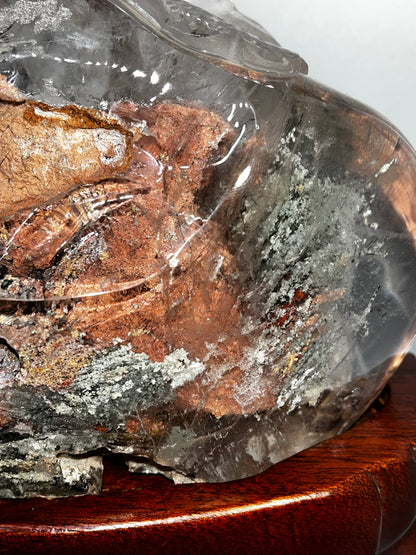 Garden Quartz/Red/Green/Rutile Carving. Amazing Clarity! Lighted Stand Included. Lodolite