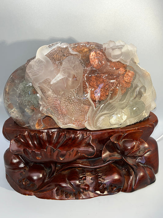 Garden Quartz/Red/Green/Rutile Carving. Amazing Clarity! Lighted Stand Included. Lodolite